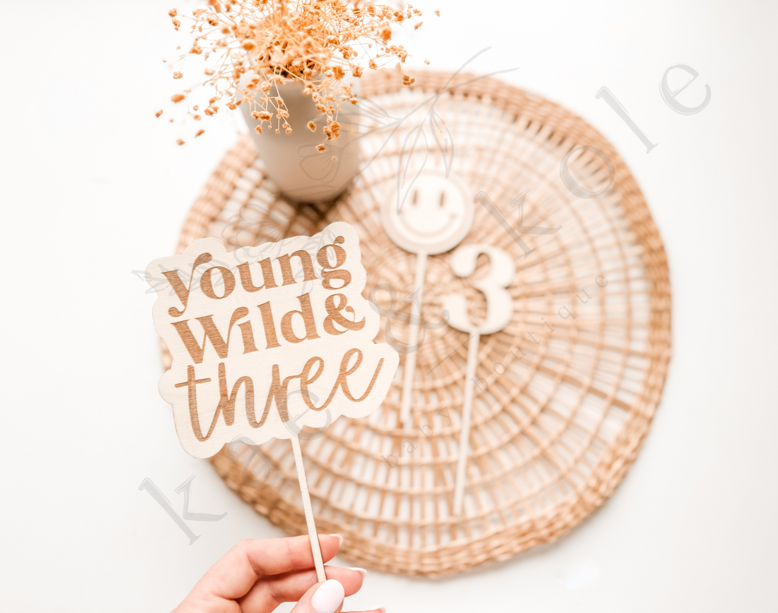 3pc Wooden Cake Topper Set | Birthday Party Decor | Baby Toddler first BDay Cake Toppers | Cupcake Decor | Young Wild &amp; Three Wooden Stake