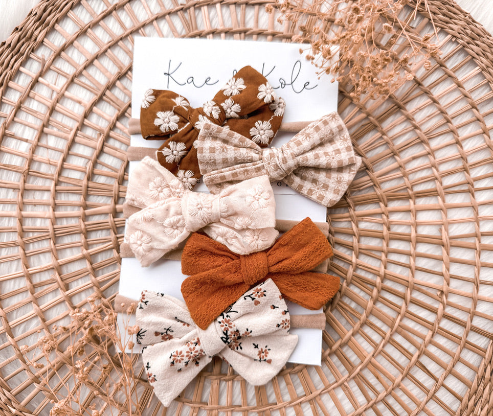 5pc Baby Bow Headbands | Neutral Fall Baby Accessories | Floral Embroidered