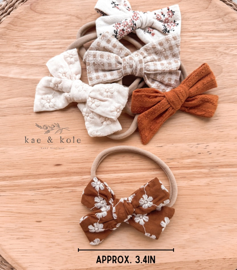 5pc Baby Bow Headbands | Neutral Fall Baby Accessories | Floral Embroidered