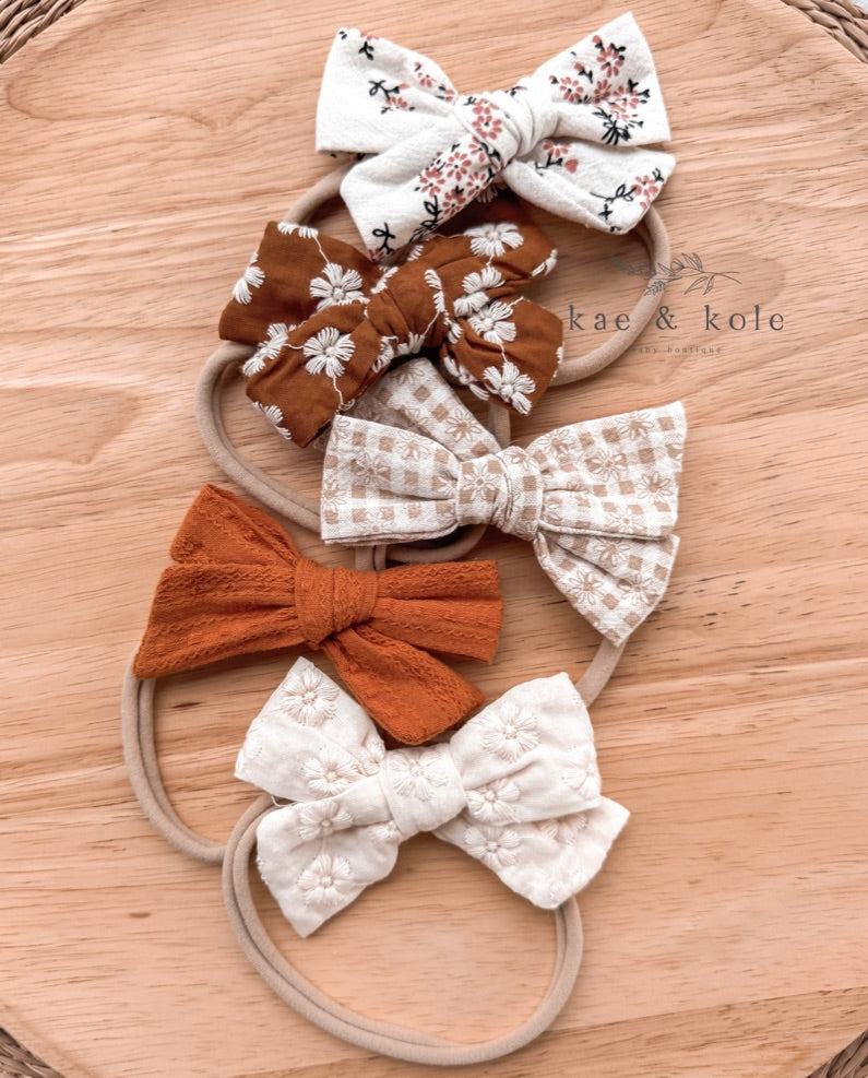 5pc Baby Bow Headbands | Neutral Fall Baby Accessories | Floral Embroidered