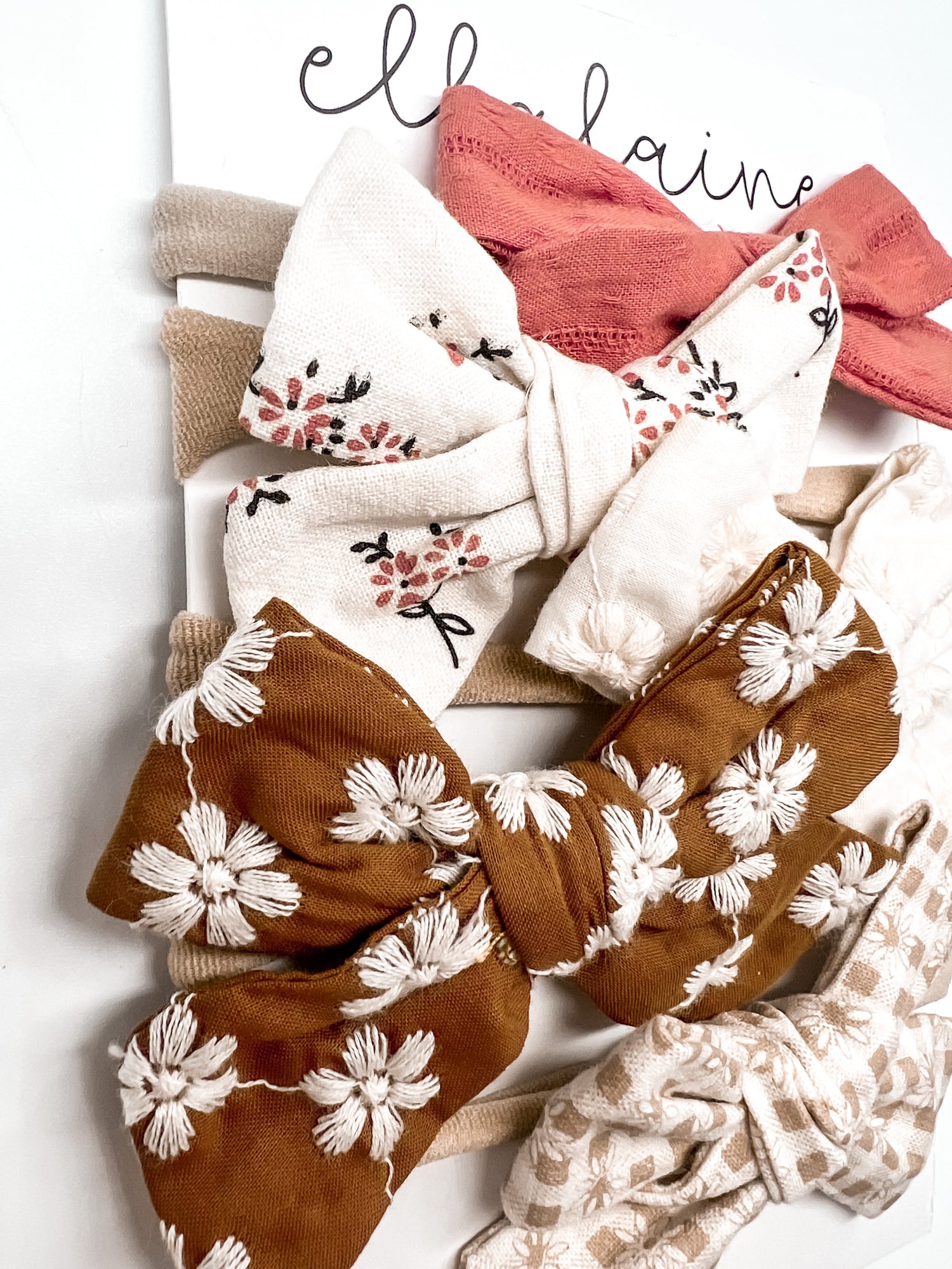 5pc Baby Bow Headbands | Neutral Fall Baby Accessories | Floral Embroidered - EllaLaine